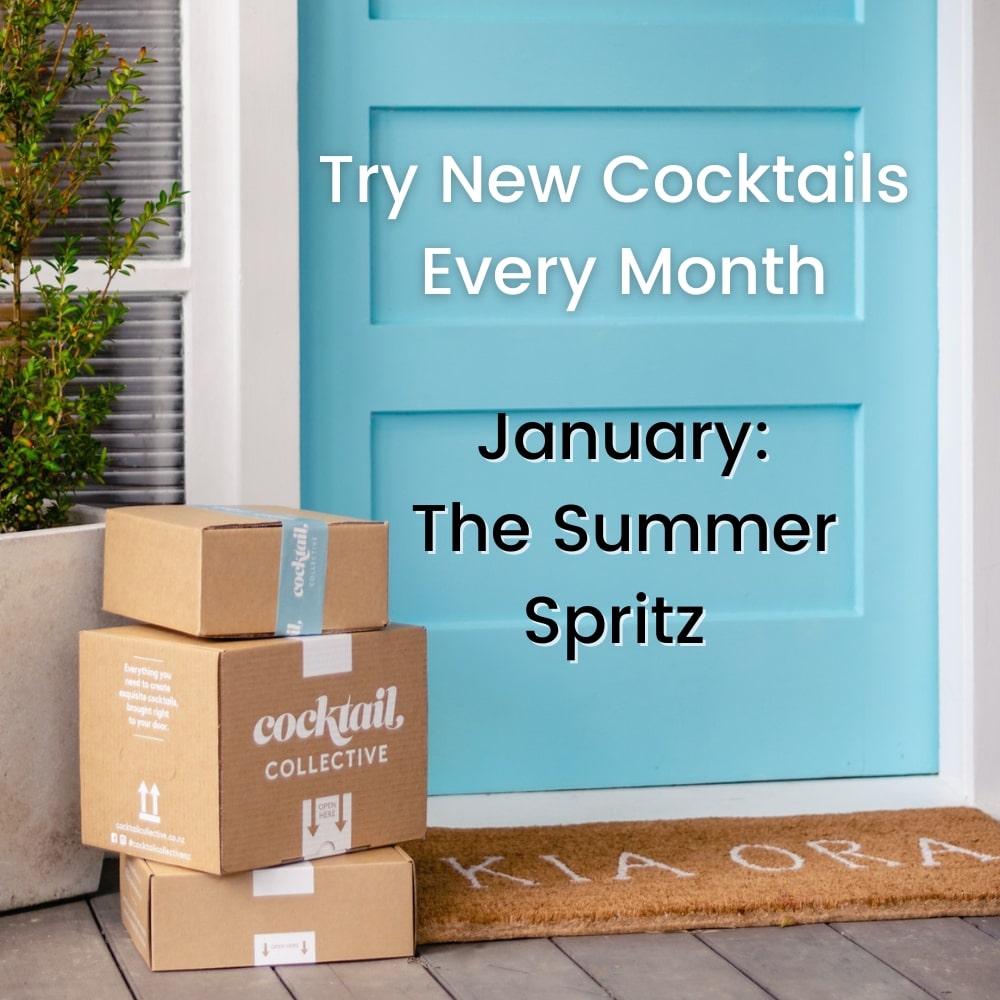 Three cocktail collective cocktail boxes  in front of a blue door with whats on offer this month. 