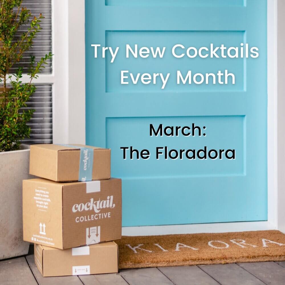 Three cocktail collective cocktail boxes  in front of a blue door with whats on offer this month. 