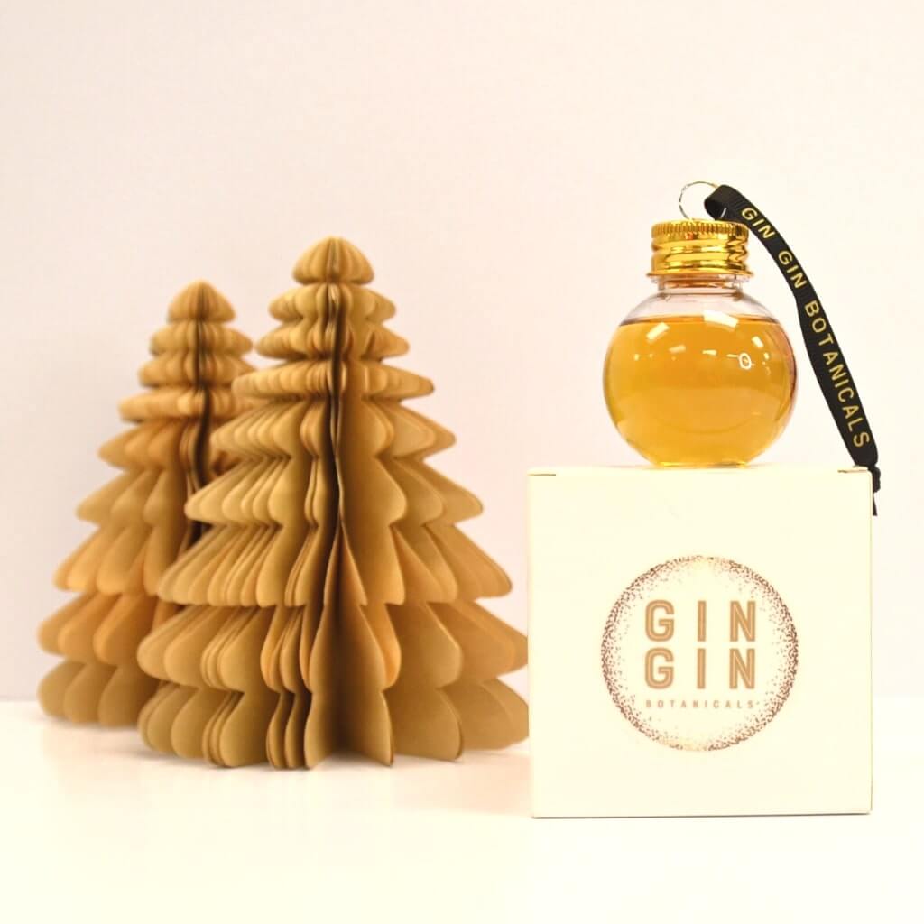 Carbon Six's Takapuna Dark Chocolate Gin in a 50ml christmas bauble 