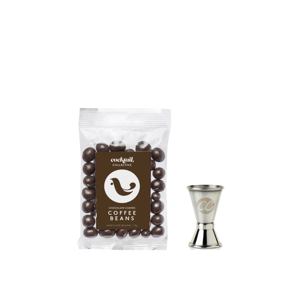 Bag of Chocolate Coffee Beans and Spirit Measure 