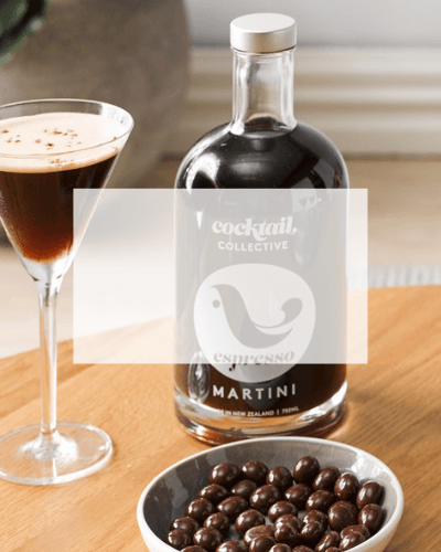 A bottle of Cocktail Collectives Espresso Martini with a cocktail and chocolate coffee beans