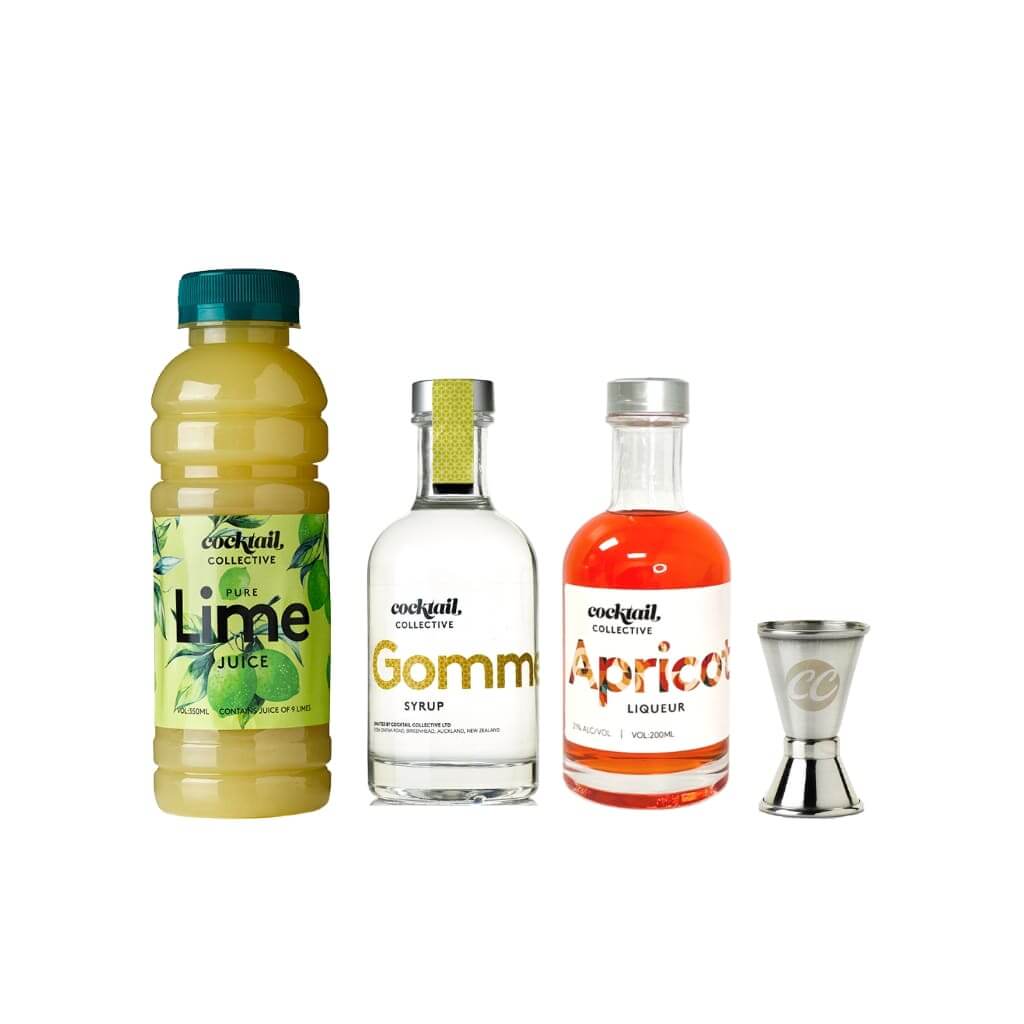 Apricot Liqueur, Lime Juice, Gomme Syrup and spirit measure 