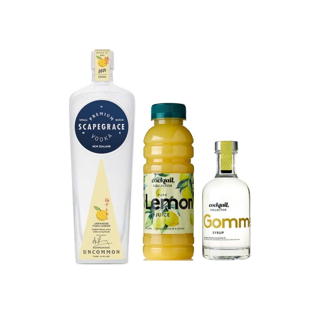 Ingredients for the deluxe lemon drop martini including 700ml Scapegrace Yuzu, lemon juice and gomme syrup. 