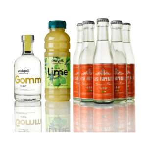 Bottles of Cocktail Collective Gomme Syrup and Lime Juice with five East Imperial Ginger Beer bottles