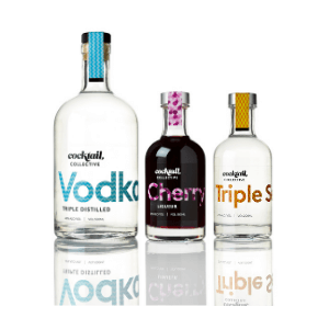 Bottles of Cocktail Collective Vodka, Cherry Syrup, Liqueur Triple Sec