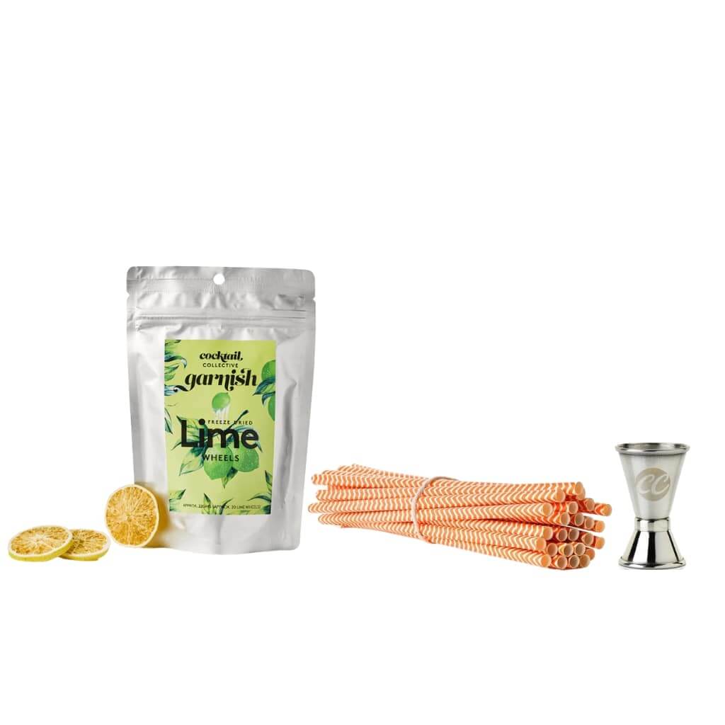 Cocktail Collective's freed dried lime wheel garnish, retro orange straws and spirit measure