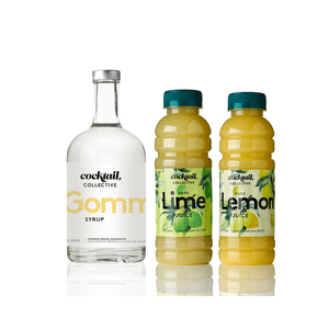 A trio of basic cocktail ingredients with a 500ml bottle of Gomme Syrup to 350ml bottles of Pure Lime Juice & Pure Lemon Juice