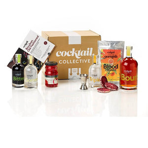 Cocktail Collective Bourbon Old Fashioned cocktail kit showing ingredients - spirits, syrup, garnishes, recipe card & spirit measure | Cocktail Collective 