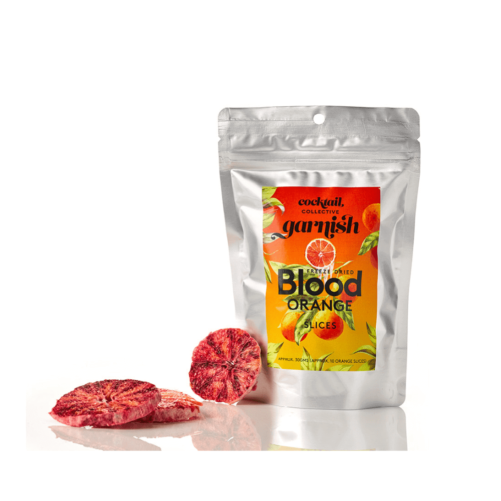 Ziplock packets of freeze-dried Blood Orange Slices and Lime Wheels cocktail garnishes from Cocktail Collective.