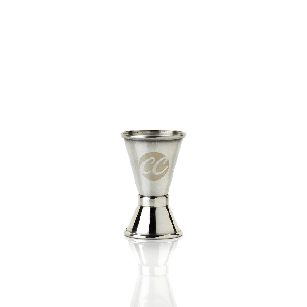 silver dual-sided spirit measure with CC engraved on the front | Cocktail Collective 