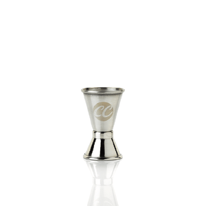 silver dual-sided spirit measure with CC engraved on the front | Cocktail Collective 