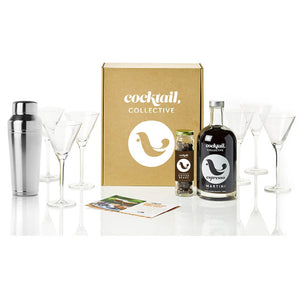 The Ultimate Espresso Martini cocktail gift set with a bottle of premixed Espresso Martini, a jar of chocolate coffee beans, the 3-piece Omaha Shaker & 6 Schott Zwiesel Tritan crystal cocktail glasses
