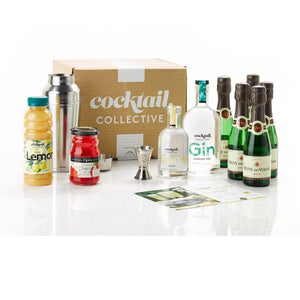 A cocktail gift set including French 75 Cocktail Kit with Gin, Champagne, Gomme Syrup, Pure Lemon Juice & Cherries & a 3-piece cocktail shake