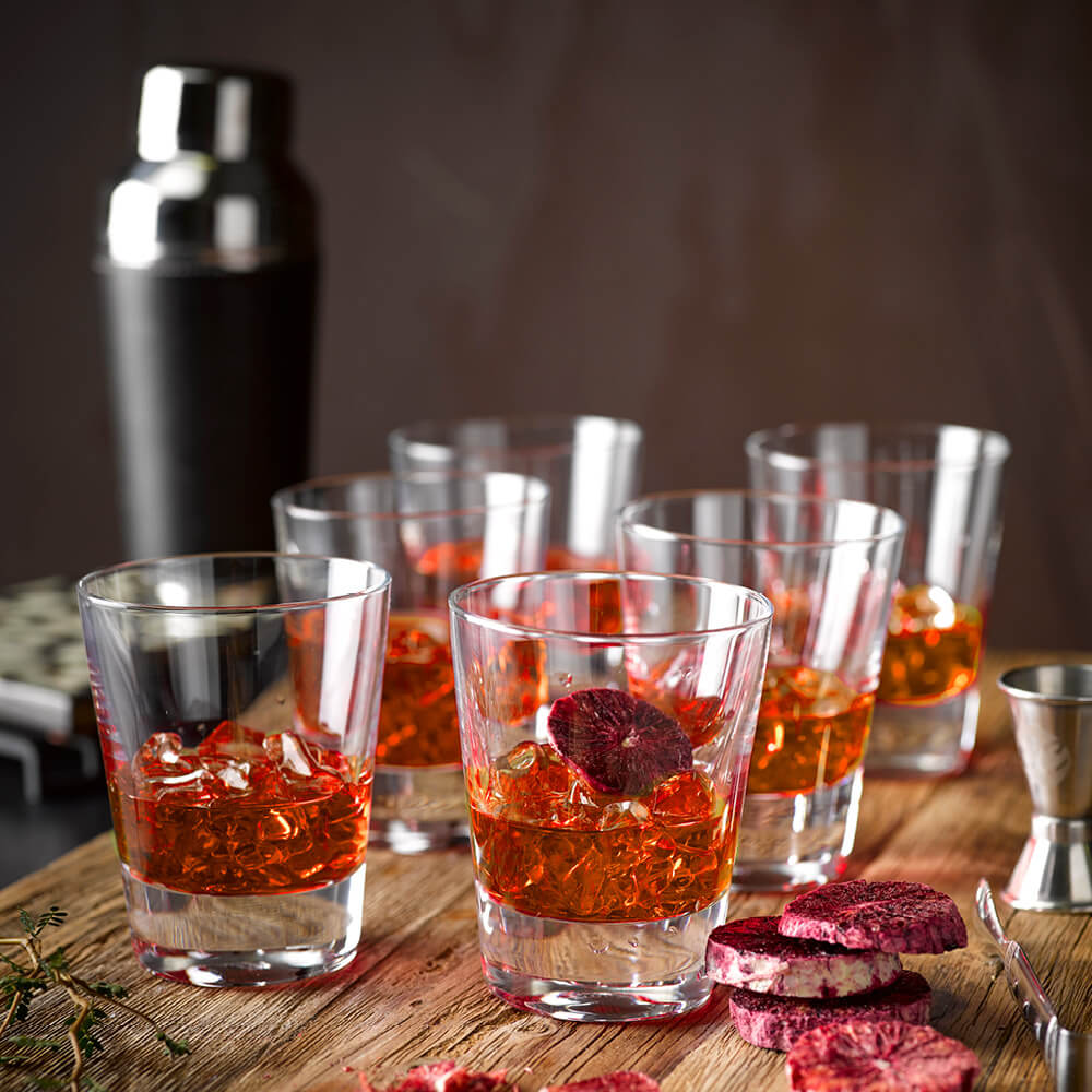 Six serves of Cocktail Collective's Negroni cocktail with Blood Orange garnish served in Tritan Crystal tumblers from master glass-makers Schott Zwiesal. 