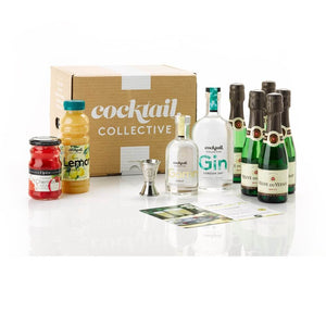 The French 75 Cocktail Box from Cocktail Collective featuring Gin, Champagne, Gomme Syrup, Lemon Juice & Cherries plus a step-by-step recipe card