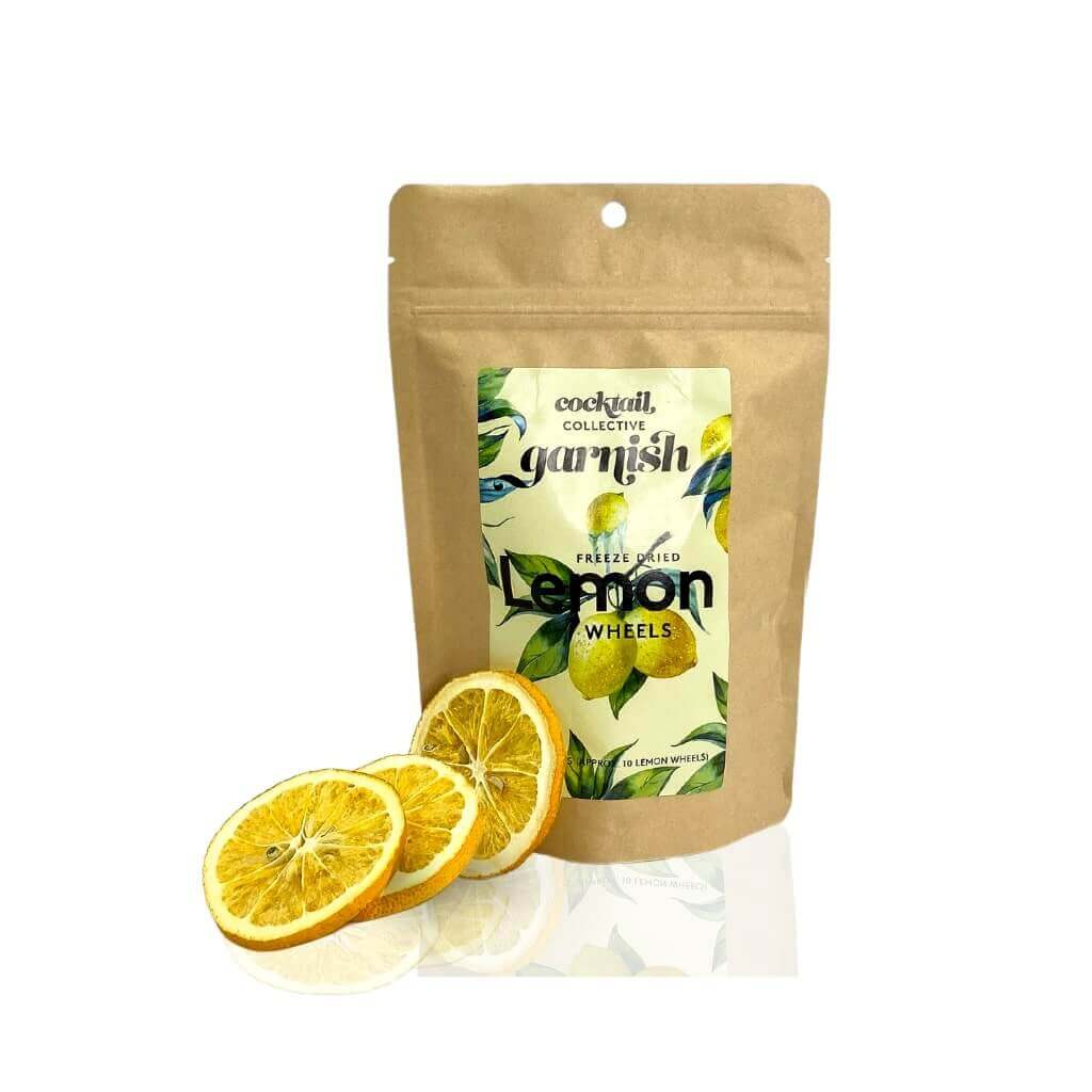 Packet of cocktail garnish with freeze dried lemon wheels holding approx. 10 slices per pack | Cocktail Collective