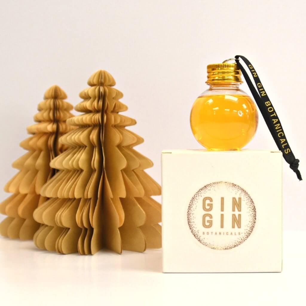 Weekender Orange Gin christmas bauble with Chsirtmas trees