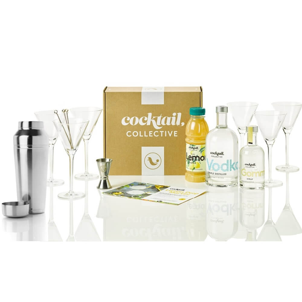 Lemon Drop Martini Cocktail ingredients with a set of 6 Vodka glasses, cocktail sticks and an omaha shaker