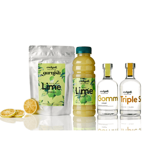 Line up of ingredients in The Margarita Essentials Kit with a pack of Lime Wheel cocktail garnish, Pure Lime Juice, Gomme Syrup & Triple Sec