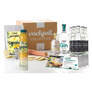 The Tom Collins Cocktail Box | Displayed with 500ml Gin, Gomme Syrup, Lemon Juice, Lemon wheel garnish, Soda water and a pack of straws. 