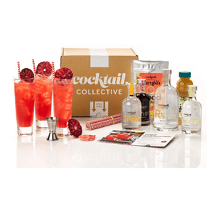 A pack shot of all the ingredients in The Beachcomber Cocktail Set, including spirits, juice, syrup, garnishe, straws with a step by step recipe card