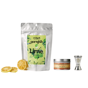 A packet of Cocktail Collective Lime Wheel cocktail garnish, a cannister of Tio Pablo Citrus Chili Salt & silver spirit measure included in The Margarita Cocktail Kit
