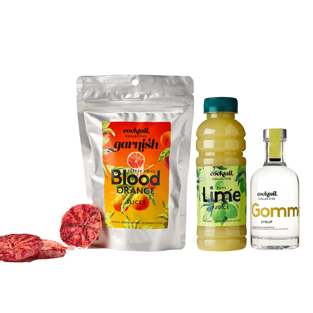 A packet of freeze-dried Blood Orange cocktail garnish with 350ml bottle of Pure Lime Juice & 200mls of Gomme Syrup from Cocktail Collective