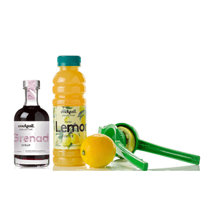 200mls of Grenadine cocktail Syrup & 350ml Lemon Juice next to a fresh lemon & lemon press | Cocktail Collective
