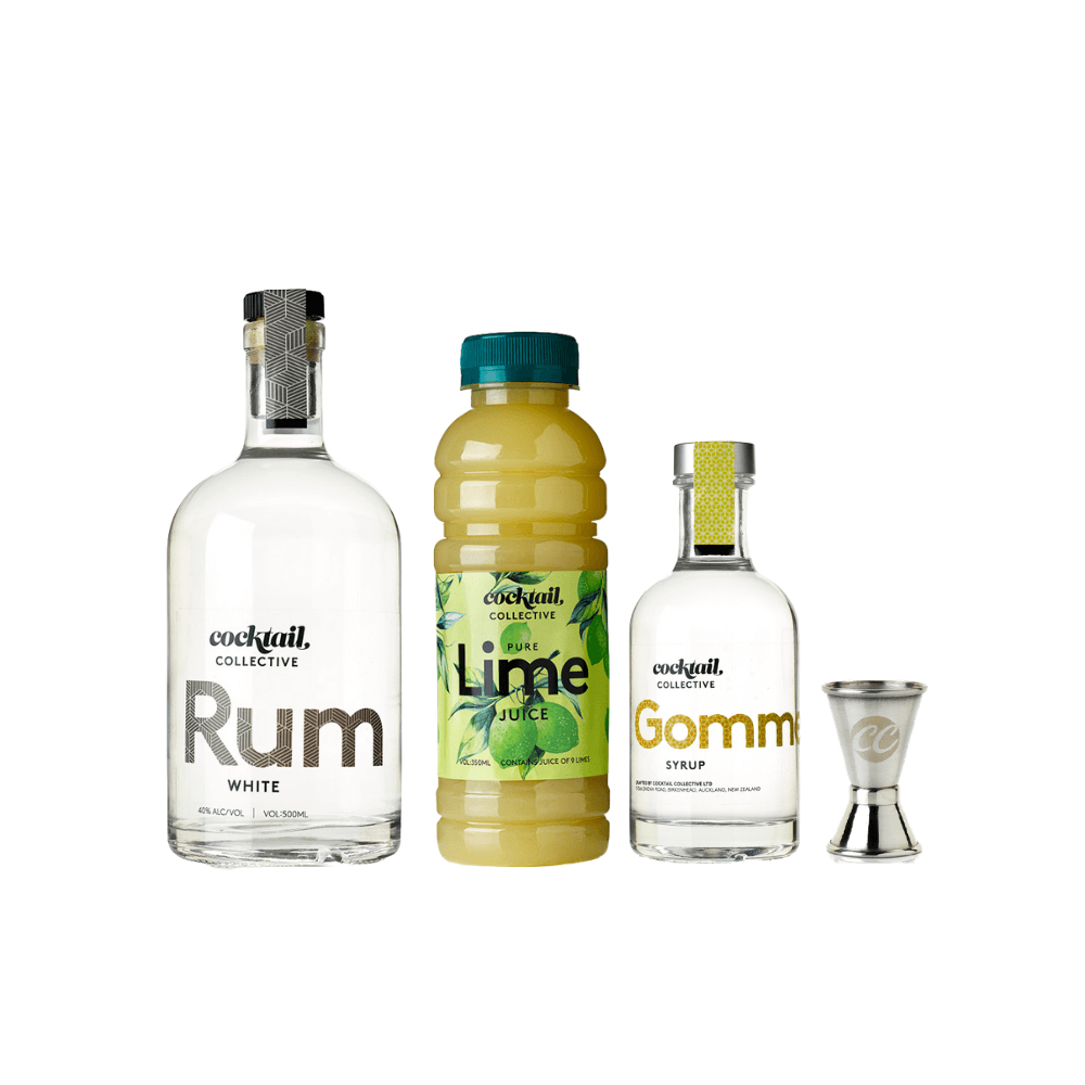 Cocktail Collective White Rum, pure Lime Juice, Gomme Syrup and a spirit measure