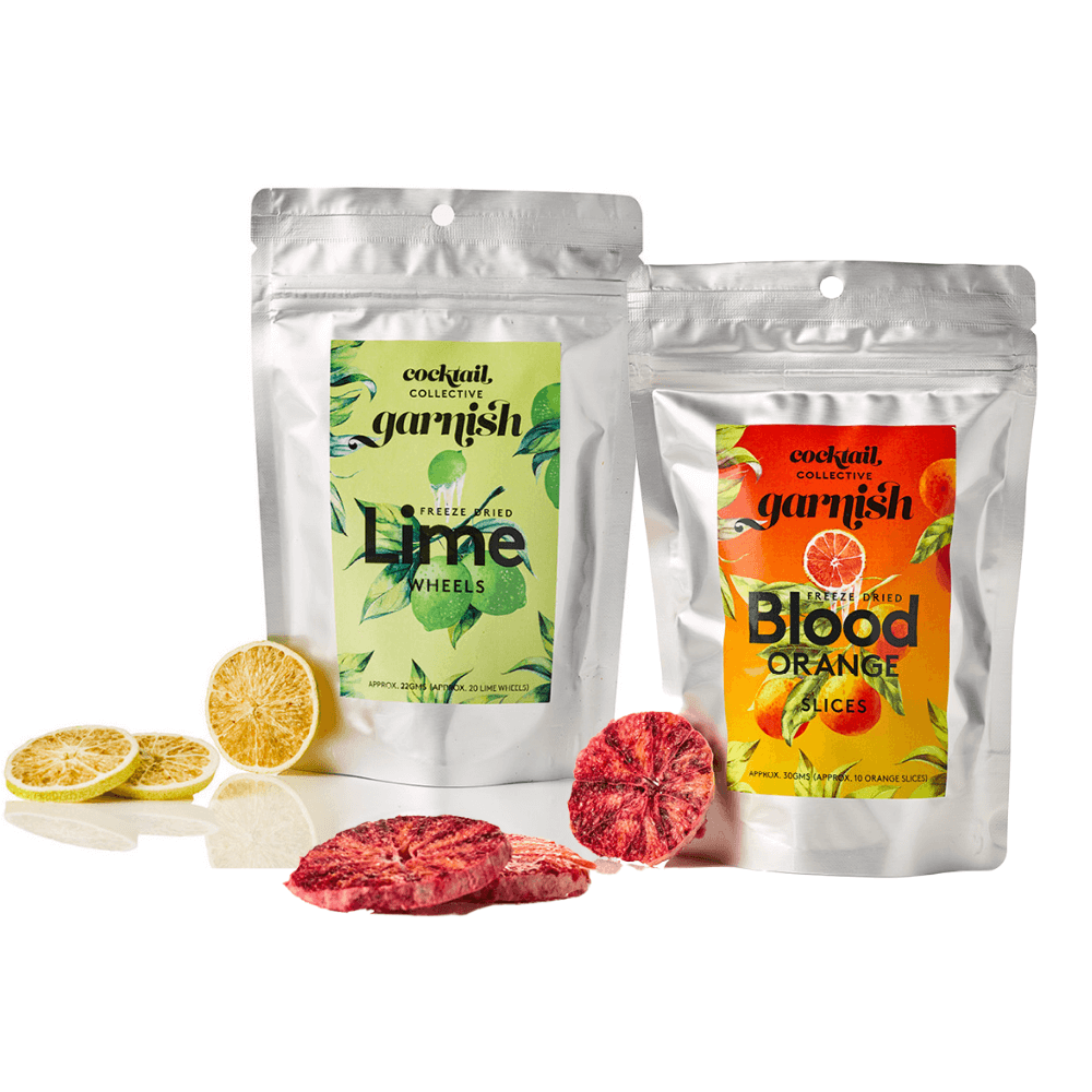 Ziplock packets of freeze-dried Blood Orange Slices and Lime Wheels cocktail garnishes from Cocktail Collective.