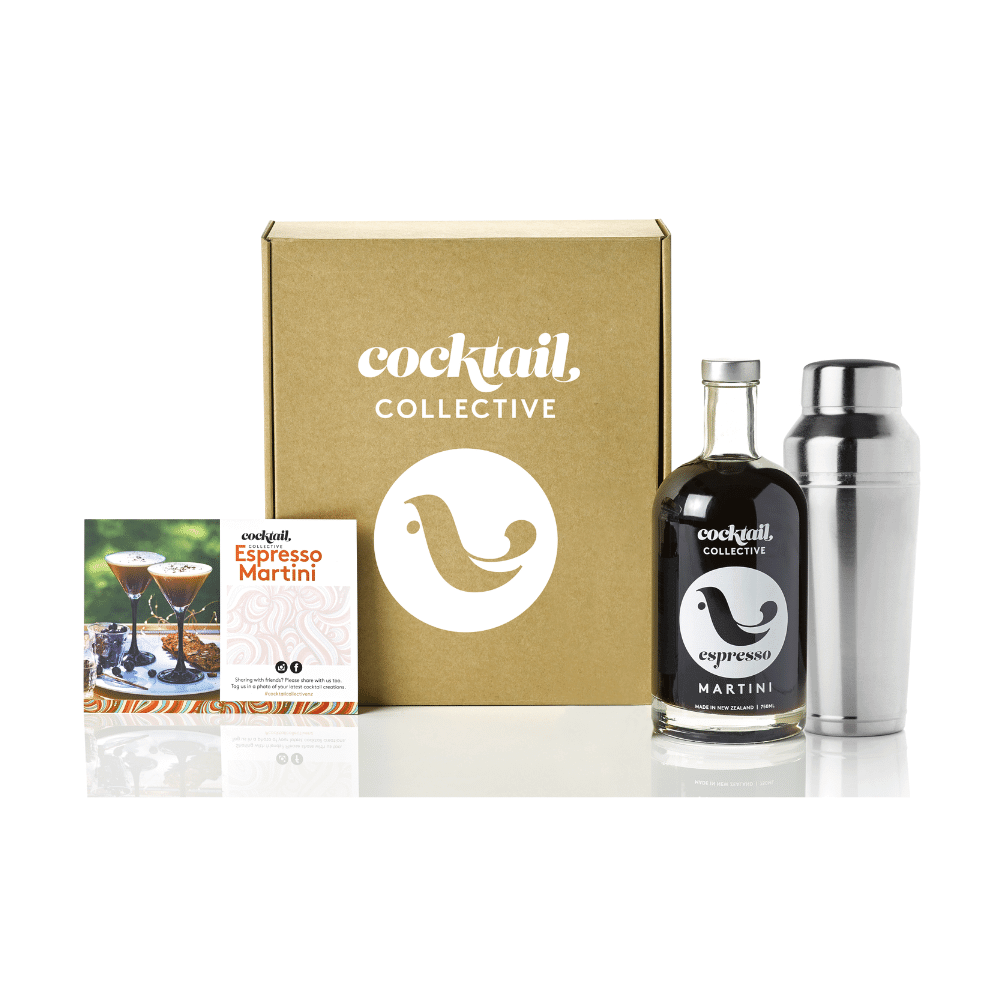 The Espresso Martini Gift Pack from Cocktail Collective with a 750ml bottle of Espresso Martini and a silver Omaha Shaker